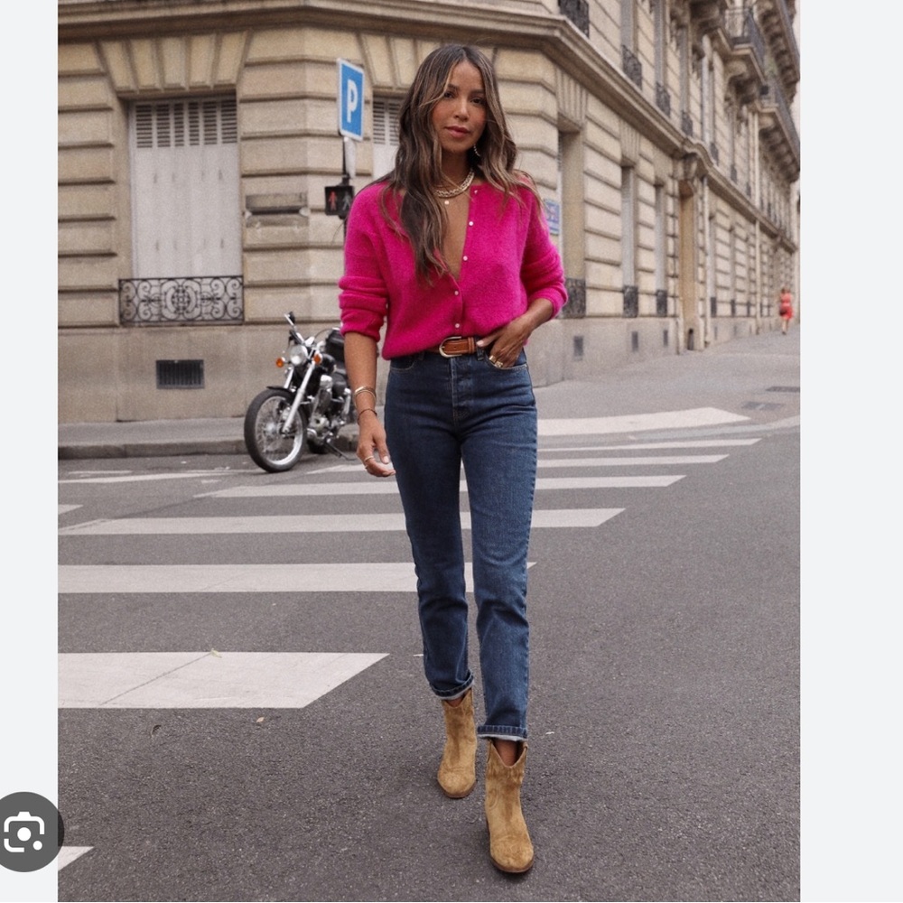 Get the look!! Tan, suede, booties with wooden heel, inside zipper and tassel